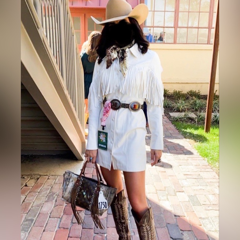 White Fringe Long Sleeve Dress